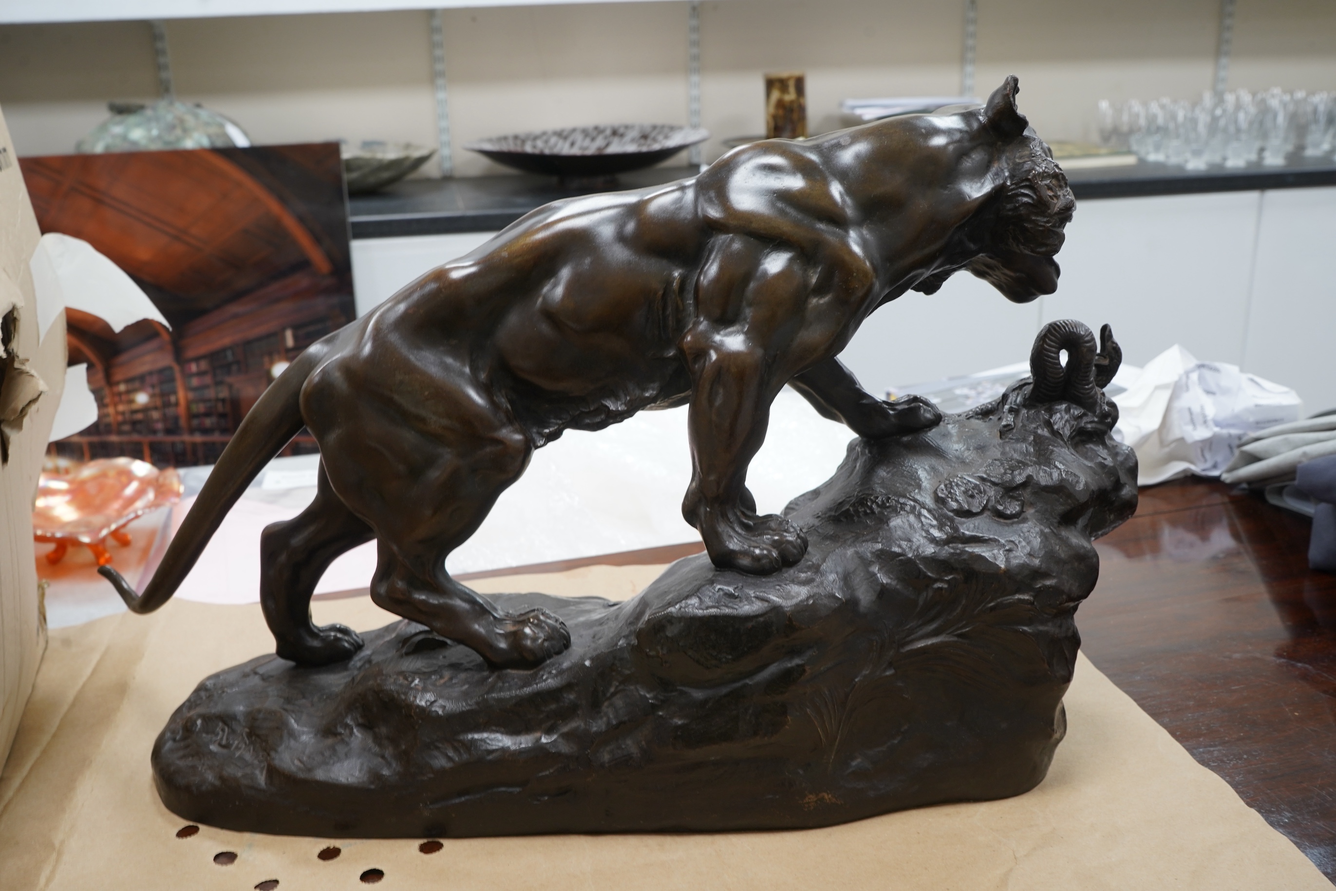 Varnier - Bronzed metal panther and snake, 62cm wide x 36cm high